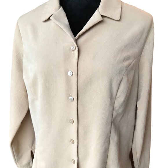 Laura Scott Petite Vintage Button-Down Blouse: Textured Taupe Shirt, Women's 14P - Picture 9 of 14